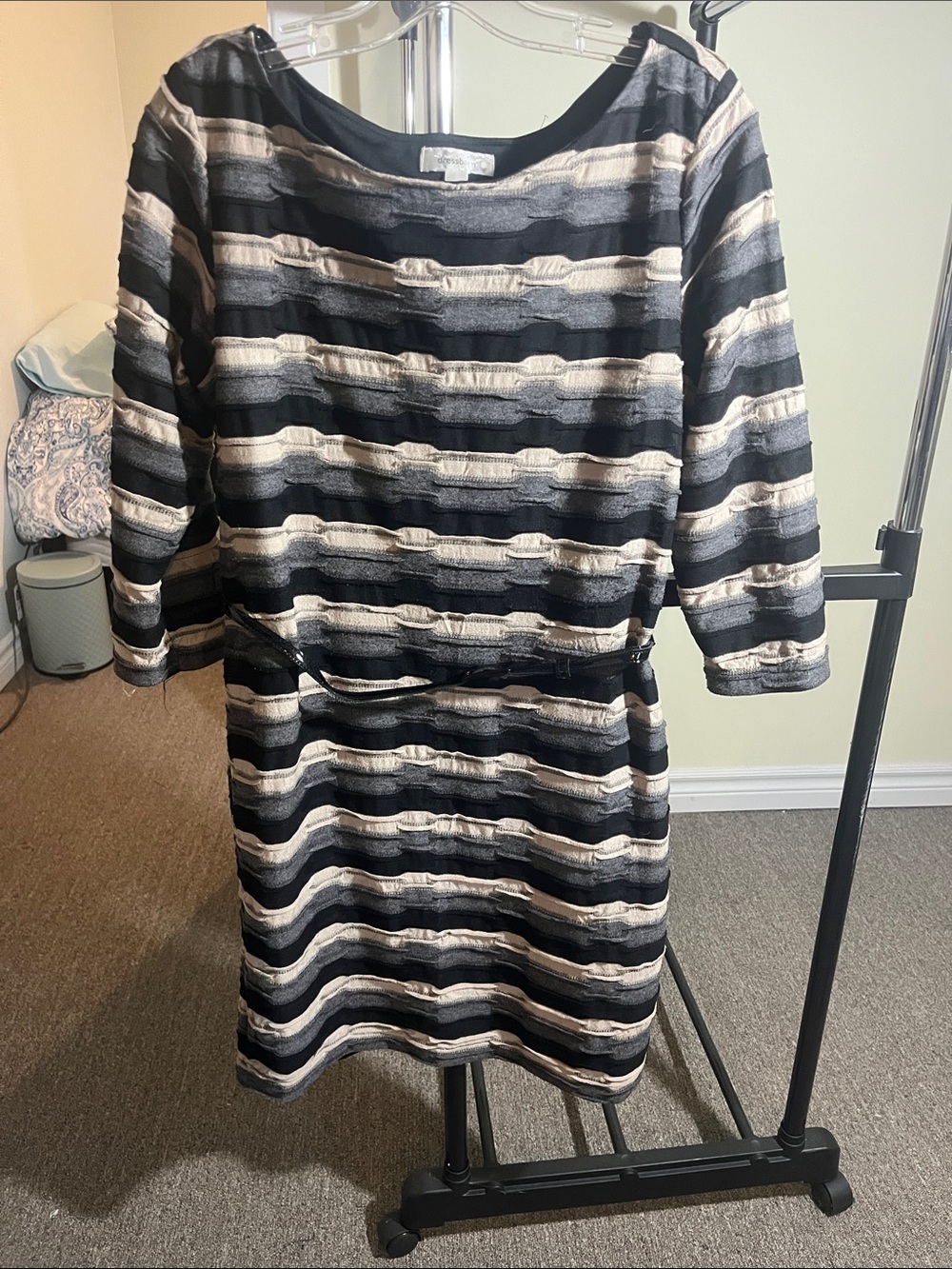 Women's Black, Gray and Cream Striped Boatneck Dress